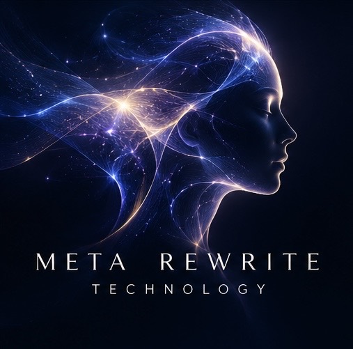 青紫と淡い金の光に包まれた横顔。META REWRITE TECHNOLOGYの文字が入ったビジュアル。